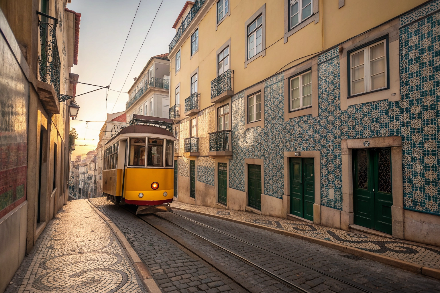 Lisbon city view with traditional yellow tram, Portugal